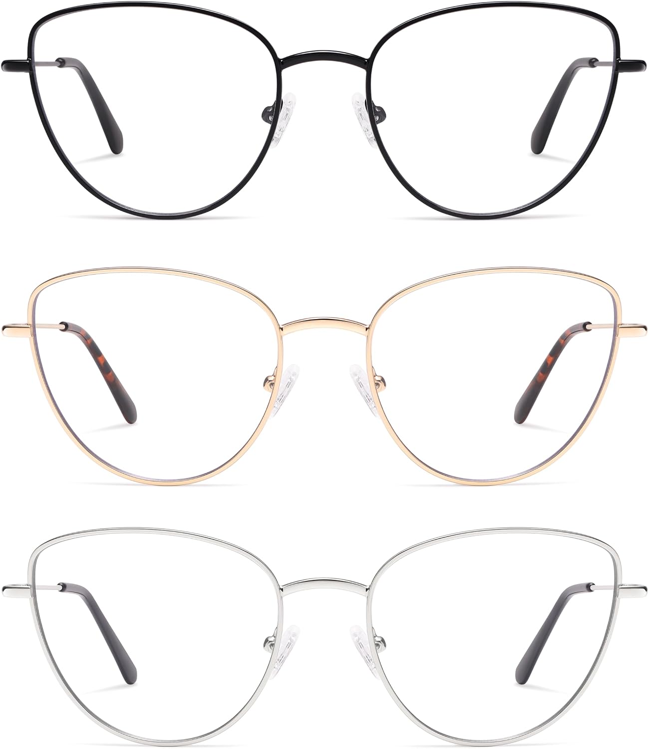 AMOMOMA 3-Pack Retro Cat Eye Reading Glasses for Women Trendy Blue Light Blocking Computer Readers Metal AM6199