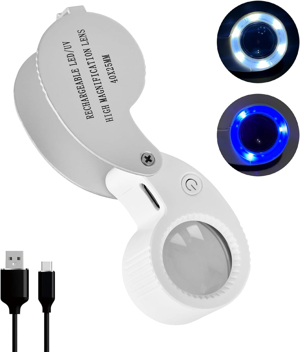 Pocket Jewelry Loupe Magnifier Rechargeable with 6 LED and 3UV Lights, Small Metal Magnifying Glass 25mm Optical Lens Foldable Lighted Jeweler's Loupe for Antique Coin Gemstone,Jewelry Stamp, Watch