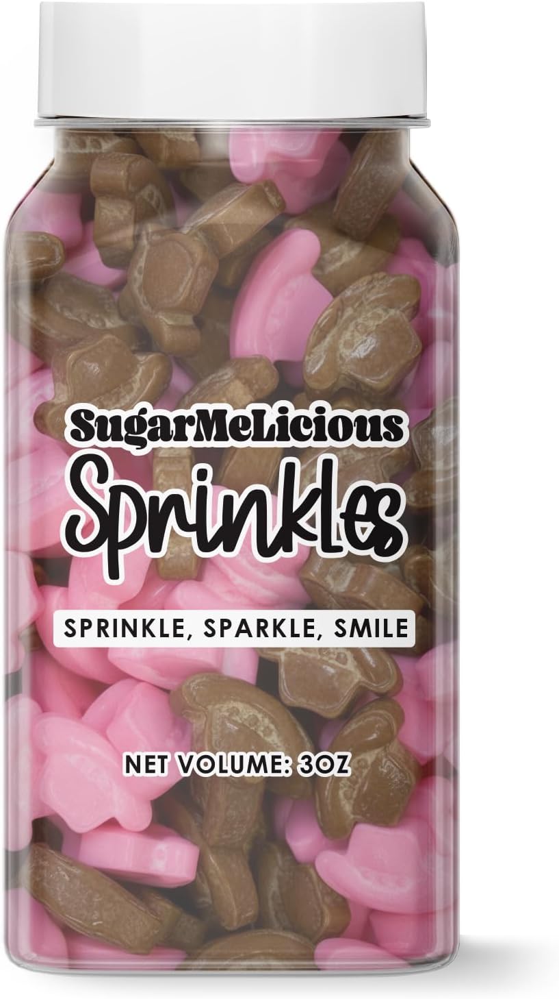 SugarMeLicious Cowboy Cowgirl Hat Shaped Sprinkles, Edible Western Decorations for Cakes Cupcakes Cookies and Desserts, Western Theme Baking Sprinkles, 3 Ounce Jar