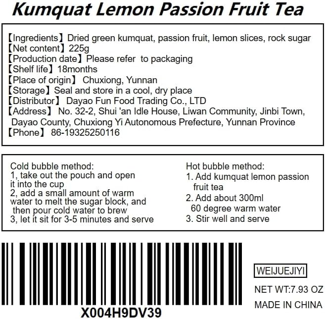 WEIJUEJIYI Kumquat Lemon Passion Fruit Tea 225g (15g *15 pack) Kumquat, lemon, Passion Fruit Combination Fruit tea, Sour and Sweet Taste, No Addition