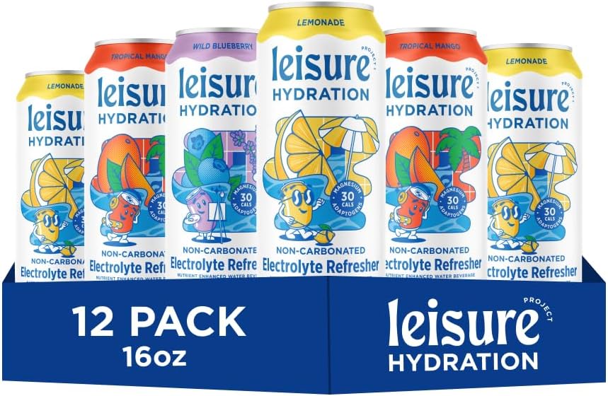 Leisure Hydration Non-Carbonated Electrolyte Refresher, Variety Pack - Low Sugar Nutrient Enhanced Water Beverage - Get The Best Hydration Packed w/ Magnesium & Ashwagandha For Mood & Stress Support, Non-GMO, 16 oz (12-Cans)