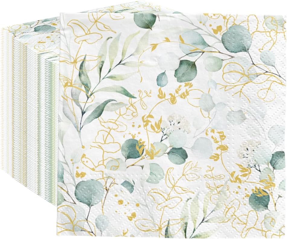 PAW - 100 Pack Floral Cocktail Napkins 5'' x 5'', Disposable Beverage Napkins with Golden Eucalyptus Motive, Floral Towels for Wedding, Birthday, Bridal Party, Decoupage, Decorative Supplies
