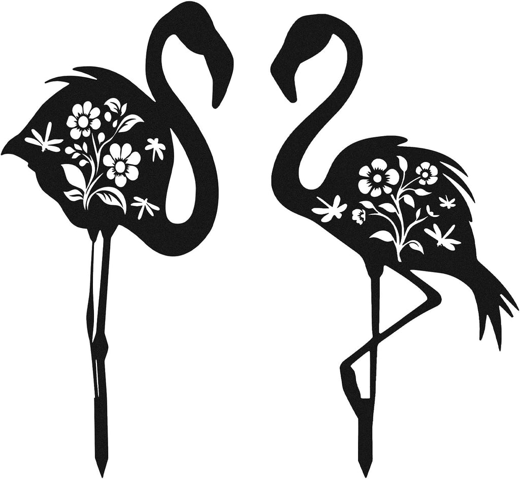 BOXOB 2pcs Flamingo Metal Yard Stakes, Whimsical Flamingo Yard Decor Black Decorative Garden Stakes for Lawn Patio Backyard Outdoor Decor