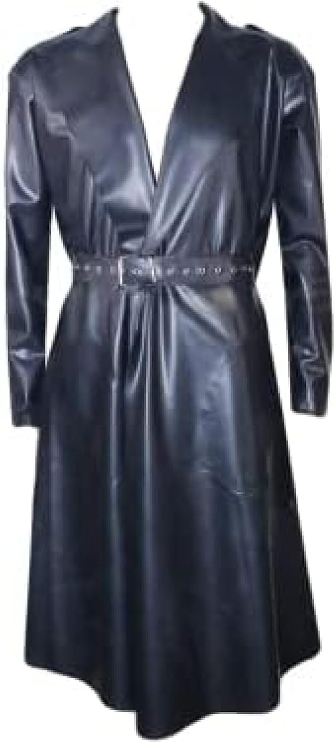 Black Sexy Latex Trench Coats with Belts Pockets Rubber Jacket Robe,Custom Color,Large