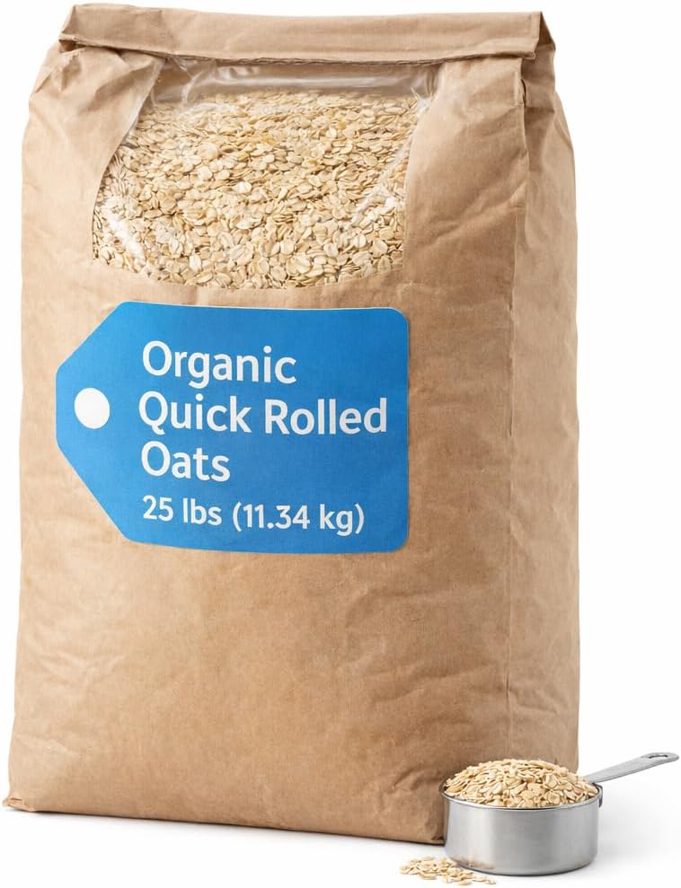 Organic Quick Rolled Oats Non GMO 25 LB Bulk Whole Breakfast Oats for Baking Cooking and Meal Prep 384091