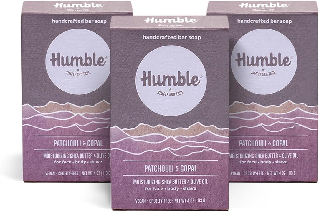 Humble Natural Bar Soap, Patchouli & Copal - Cold Processed Face & Body Soap Bar with Essential Oils - Moisturizing Formula for Long-Lasting Freshness, Gently Cleanses & Soothes Skin, Vegan - 3 Pack