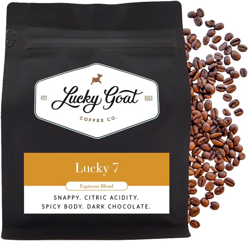 Lucky Goat Espresso Blend Whole Bean Coffee – Lucky 7 – Snappy, Spicy Body, Citric Acidity, Dark Chocolate, Complex - Medium Roast, 12 Ounce Bag, 100% Arabica