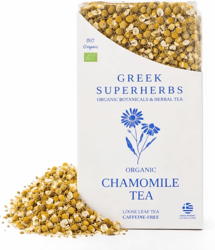 ORGANIC CHAMOMILE TEA (GREECE) | Whole Chamomile flowers for Skin Health, Relaxation | Loose Herbal Tea from Greece | 100% ORGANIC, Caffeine Free, Earthy Flavor | 70G (2.5 OZ) (45 servings)