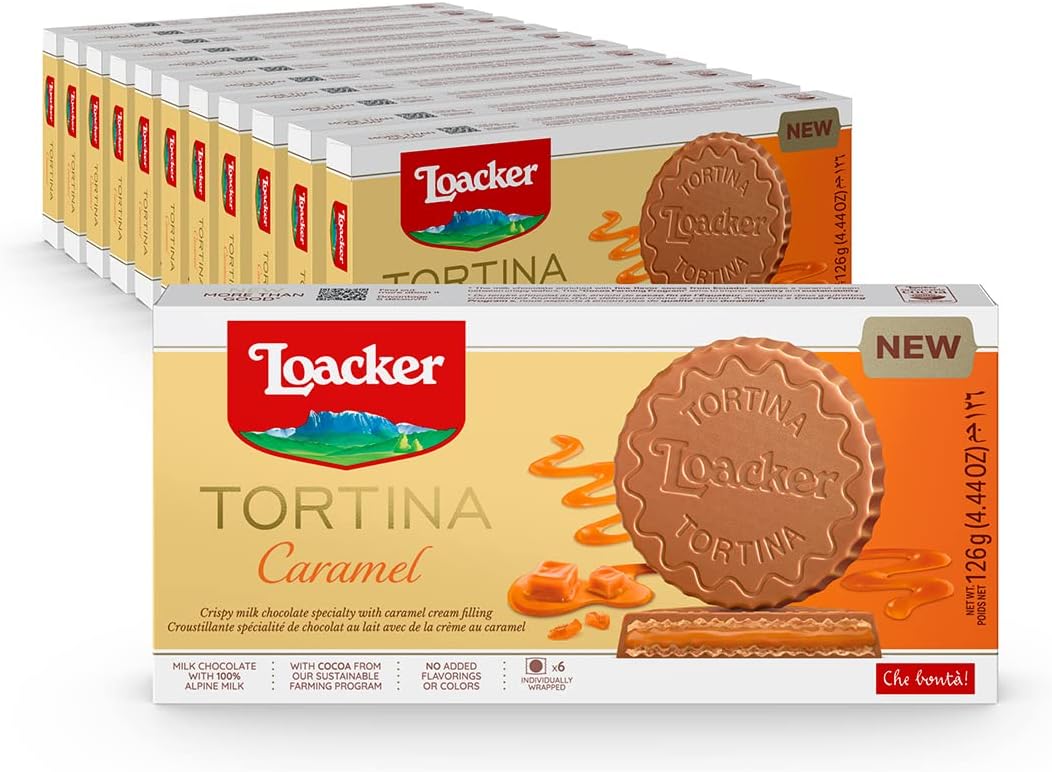 Loacker Tortina Caramel - Individually Wrapped Premium Milk Chocolate Enrobed Crispy Wafer Tartlets with Caramel Cream Filling - Pack of 12