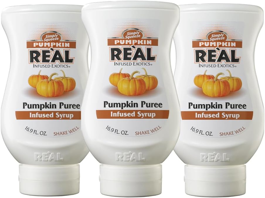 Pumpkin Reàl Infused Exotics, Pumpkin Spice Puree Infused Syrup, 16.9 FL OZ Squeezable Bottle (Pack of 3)