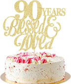 Sparkling 90 Years Blessed & Loved Cake Topper - 90th Birthday, 90th Wedding Anniversary, Wedding/Anniversary Party Decorating supplies.