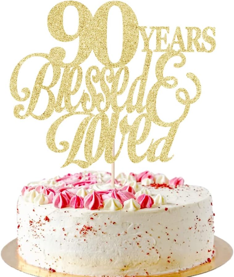 Sparkling 90 Years Blessed & Loved Cake Topper - 90th Birthday, 90th Wedding Anniversary, Wedding/Anniversary Party Decorating supplies.