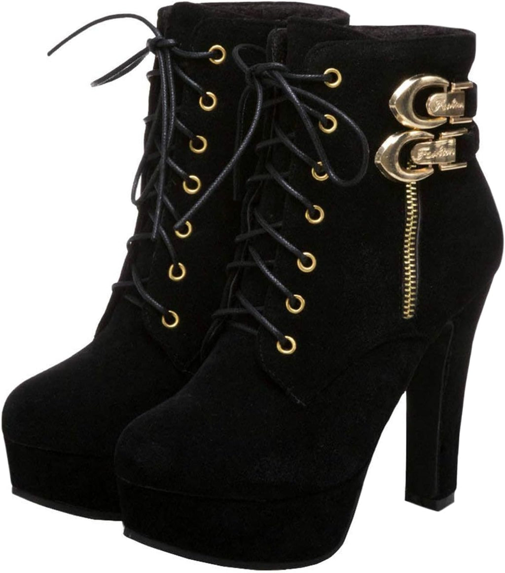 Women's High Heel Boots Suede Platform Lace Up Low Boots Fashion Chunky Stiletto Round Toe Sexy Ankle Booties With Buckle Decor