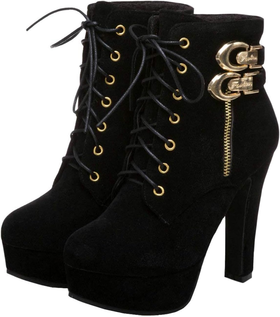 Women's High Heel Boots Suede Platform Lace Up Low Boots Fashion Chunky Stiletto Round Toe Sexy Ankle Booties With Buckle Decor