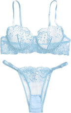 Lilosy Sexy Floral Embroidered Mesh Women Underwire Push Up Lingerie Set