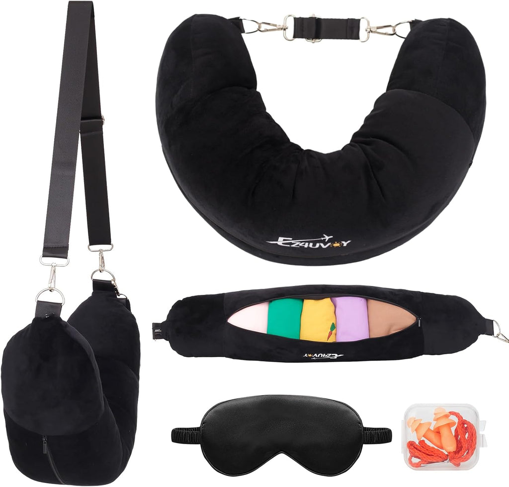 Travel Neck Pillow Stuffable with Clothes, Stuffable Neck Pillow for Travel, Packable Fillable Storage Bag for Airplane, Soft Velvet U Pillow Case Cover