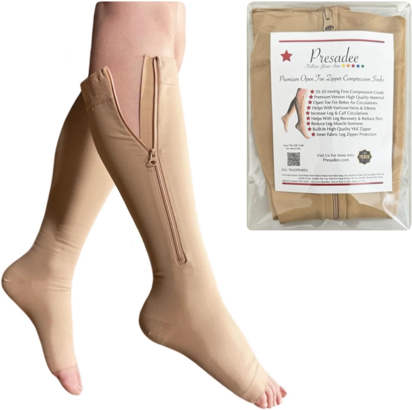 Presadee Premium 20-30 mmHg Firm Compression Swelling Pain Zipper Open Toe Sock (Beige, 2X-Large)