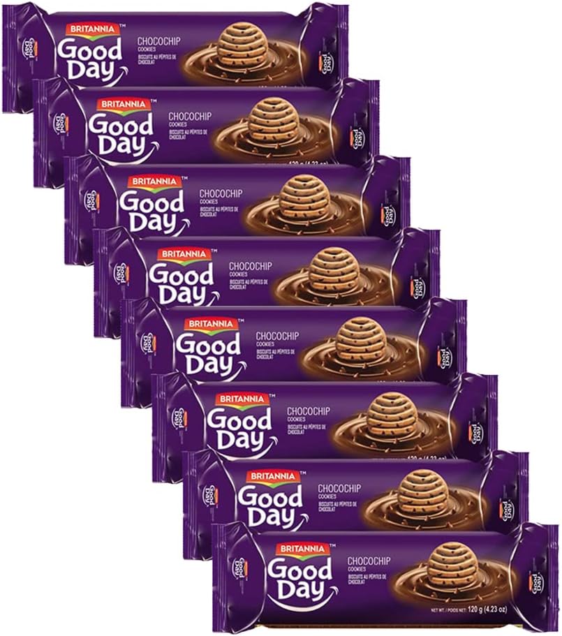 Britannia Good Day Choco Chips Cookies 4.21oz (120g) - Breakfast & Tea Time Snacks Delicious Grocery Halal and Suitable for Vegetarians (Pack of 8) 33.76 Ounce