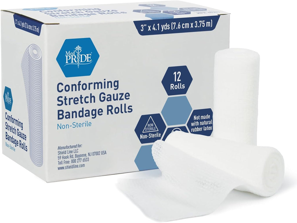 MED PRIDE Conforming Gauze Rolls First Aid Rolled Stretch Bandages for Wounds & Injuries – Disposable Nonsterile Body Wrap Dressing for The Knee, Ankle, Hands, Wrist, White (3''x 4.1 yd)