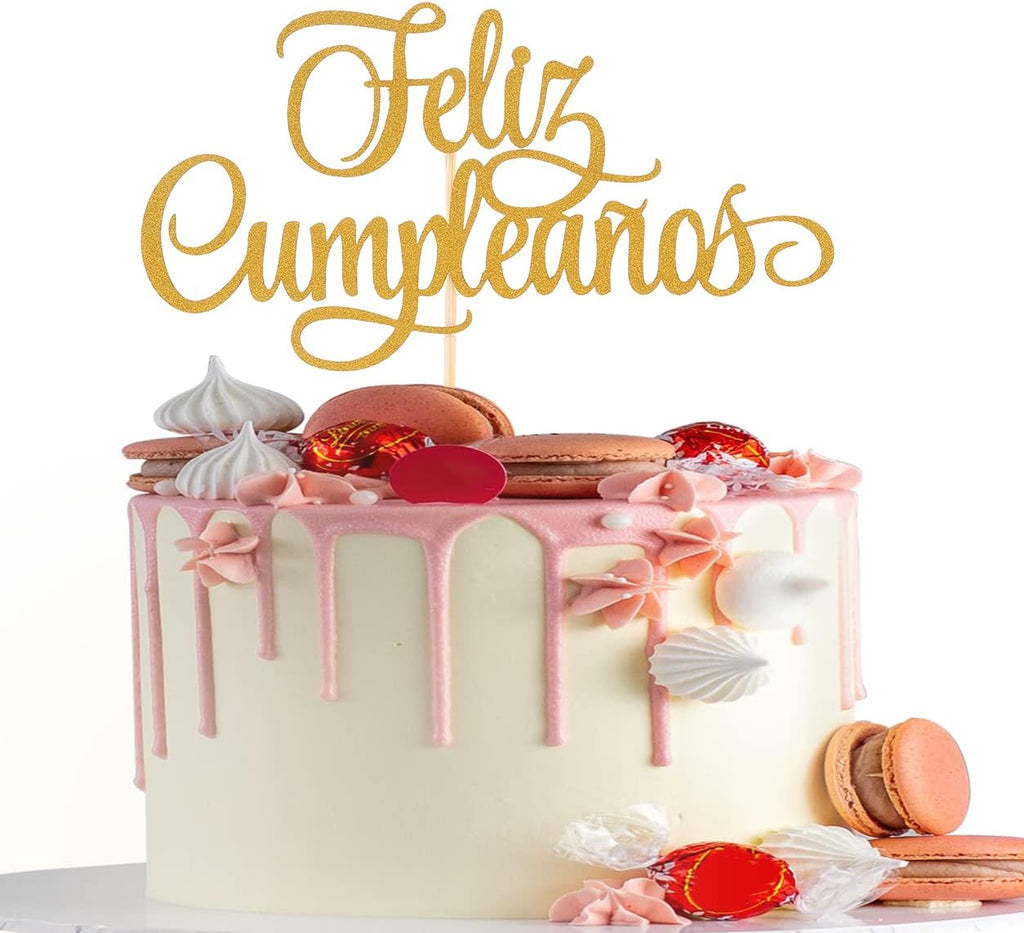 Spanish Feliz Cumpleaños Cake Topper - Gold Glitter Happy Birthday Cake Topper, Single-side Gold Glitter Feliz Cumpleaños Decorations, Fiesta Theme Party Decoration Supplies (GOLD)