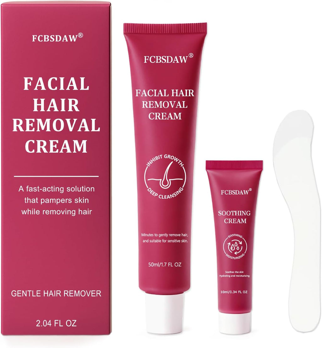 Painless Facial Hair Removal Cream for Upper Lip, Chin and Peach Fuzz - Women's Depilatory Cream Kit with Soothing Cream, Fast Acting 4-Min Formula Safe for Sensitive Skin,2.04 FL oz(Box of 1)
