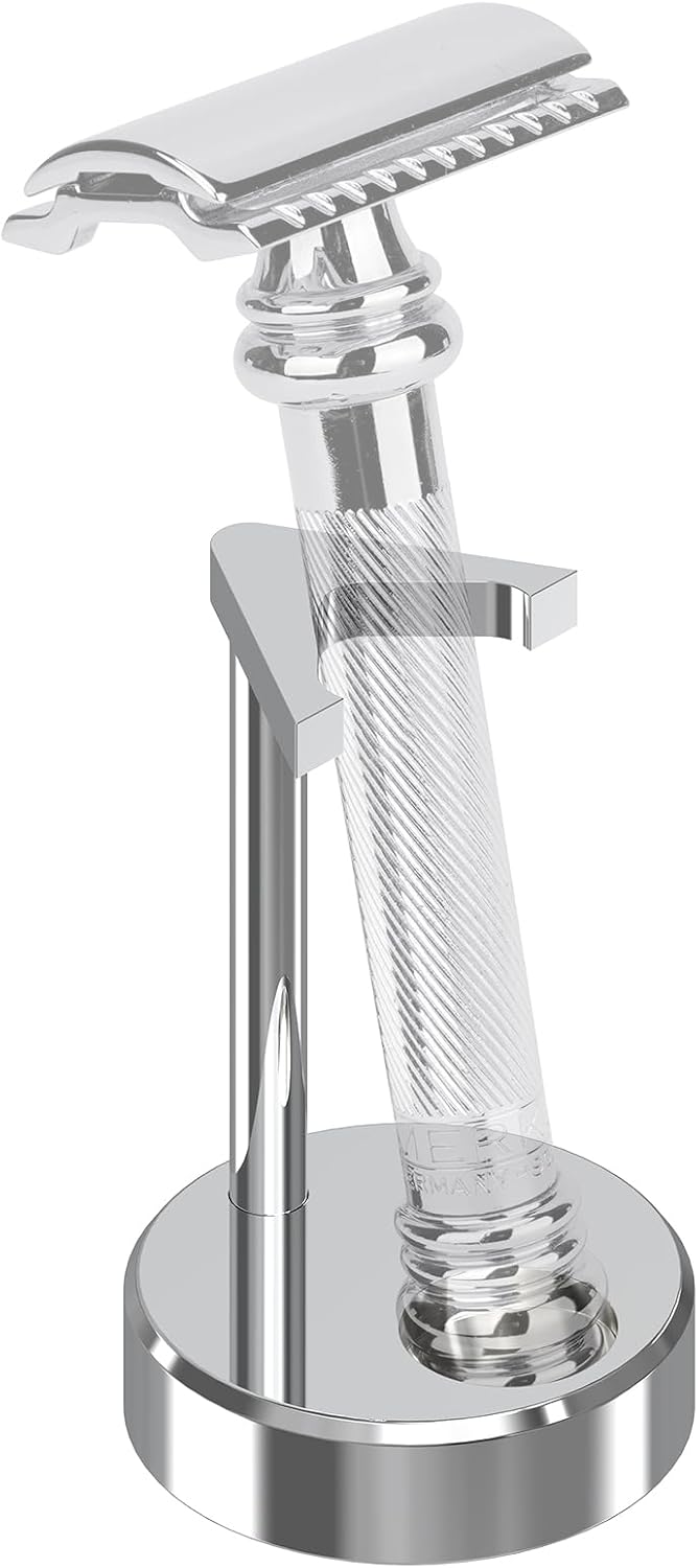 Linkidea Premium Men's Razor Stand, Safety Razor Holder Compatible with Vikings Blade the Chieftain, Merkur 34C, 700002, 23C, 38C, Shaving Tool Organizer for Bathroom Counter (Silver)