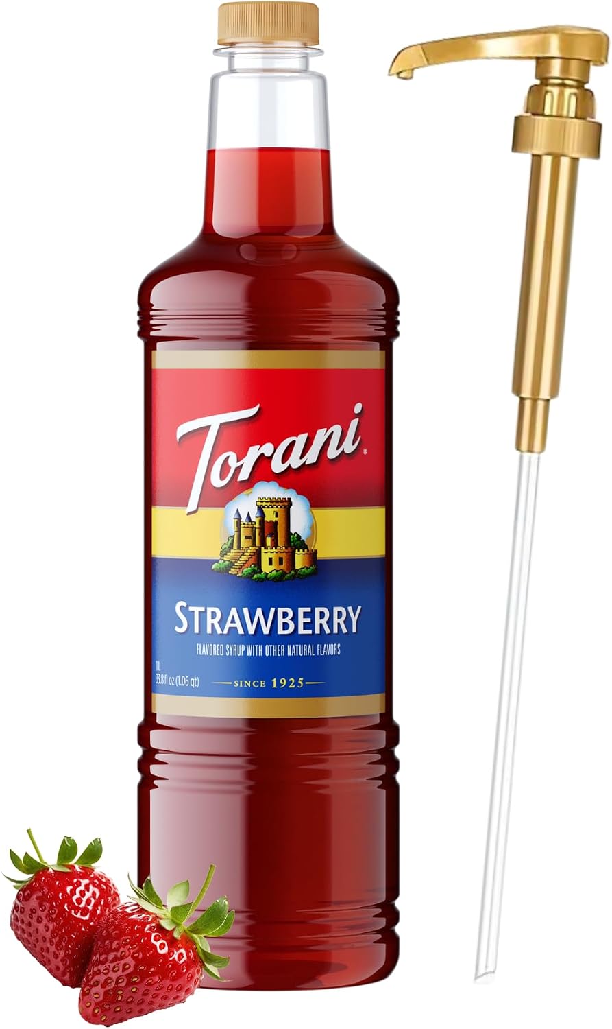 Torani Strawberry Syrup 1 Liter Bottle with Pump – Premium Drink Flavoring Made with Pure Cane Sugar & Natural Flavors for Coffee, Cocktails, Mocktails, Lemonades & Desserts – Café-Quality Sweetener