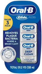 Oral-B Glide Dental Floss, Shred Resistant, Gentle on Gums, Natural Wax, Slides Smoothly, Deep Clean Cool Mint Flavor, 40 M, 3 Count