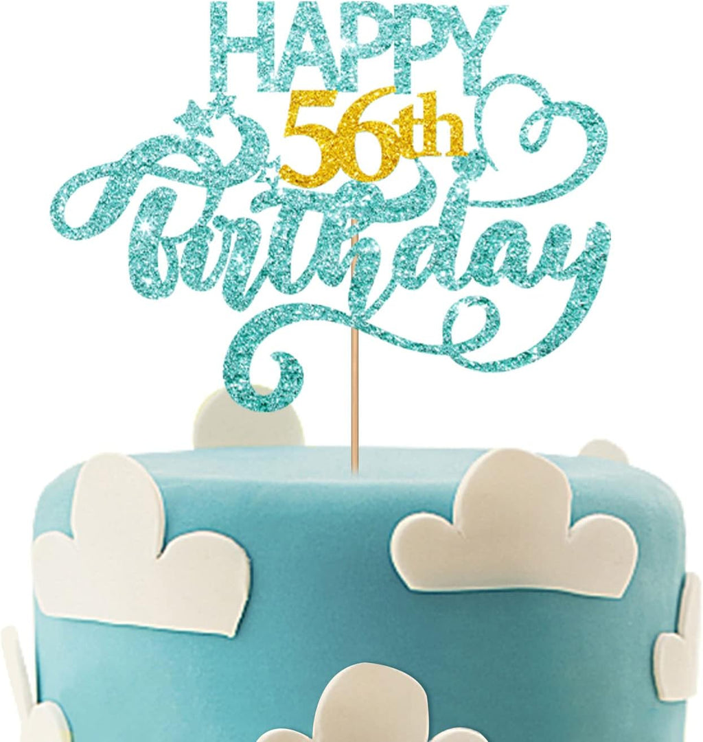 Sky Blue Glitter Happy 56th Birthday Cake Topper, Fifty Six Years Old Birthday Party Cake Decor, Gold Number 56 Birthday Party Supplies Decorations for Man or Woman