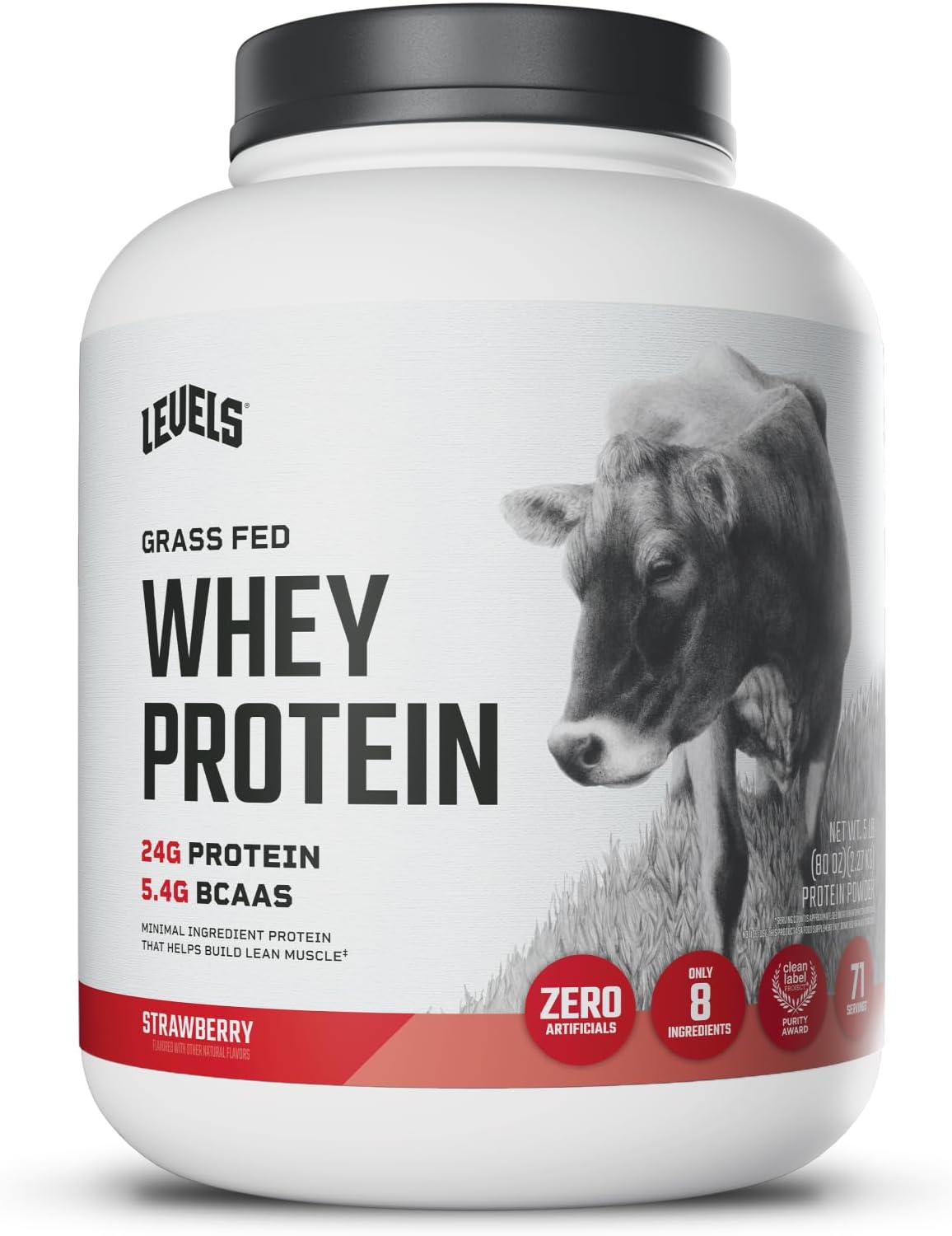 Levels Grass Fed Whey Protein Powder, No Artificials, 24G of Protein, Strawberry, 5LB