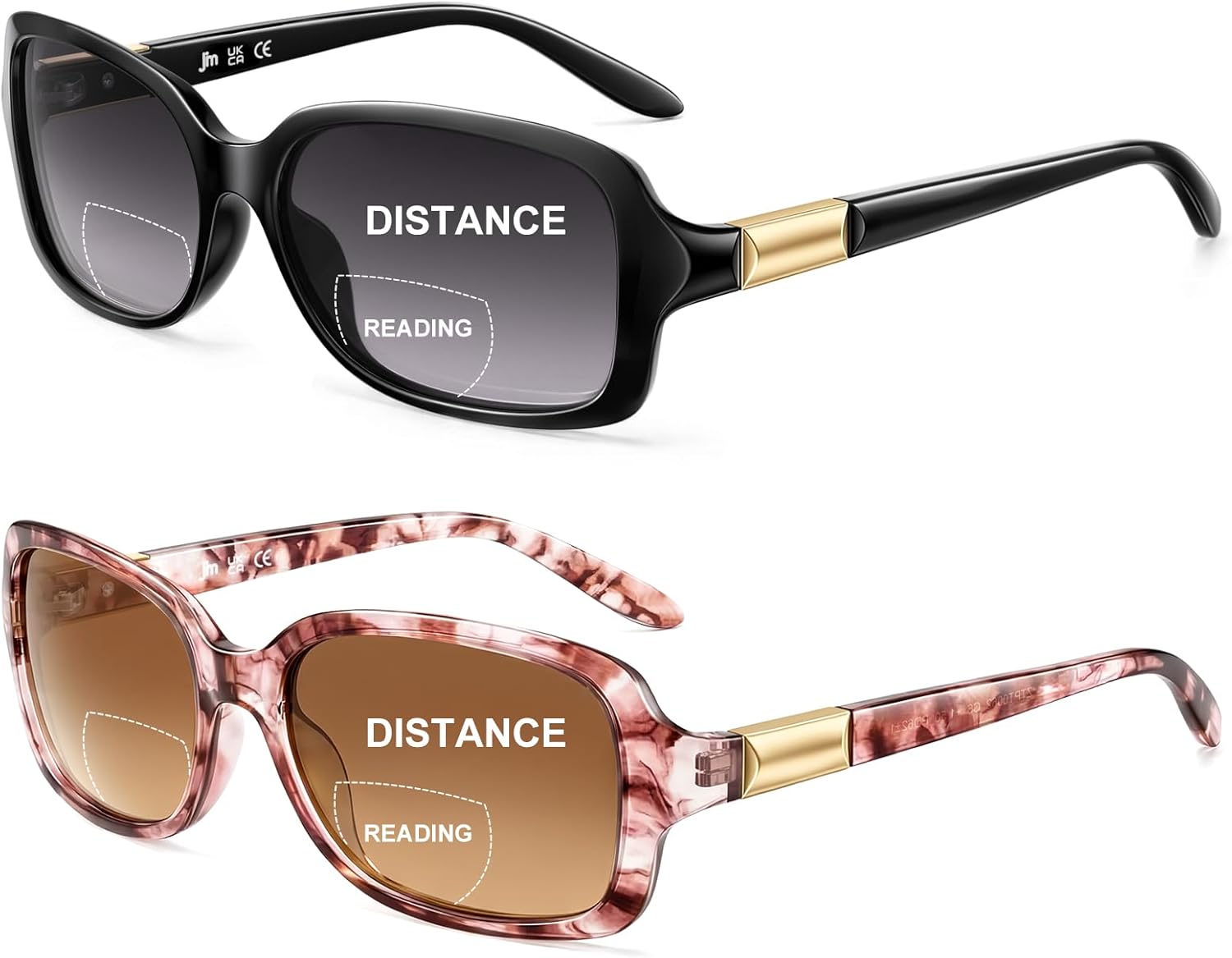 JM 2 Pack Classic Bifocal Reading Glasses Rectangular Stylish Sunglasses Readers for Women +1.25 All Black&Pink Printed