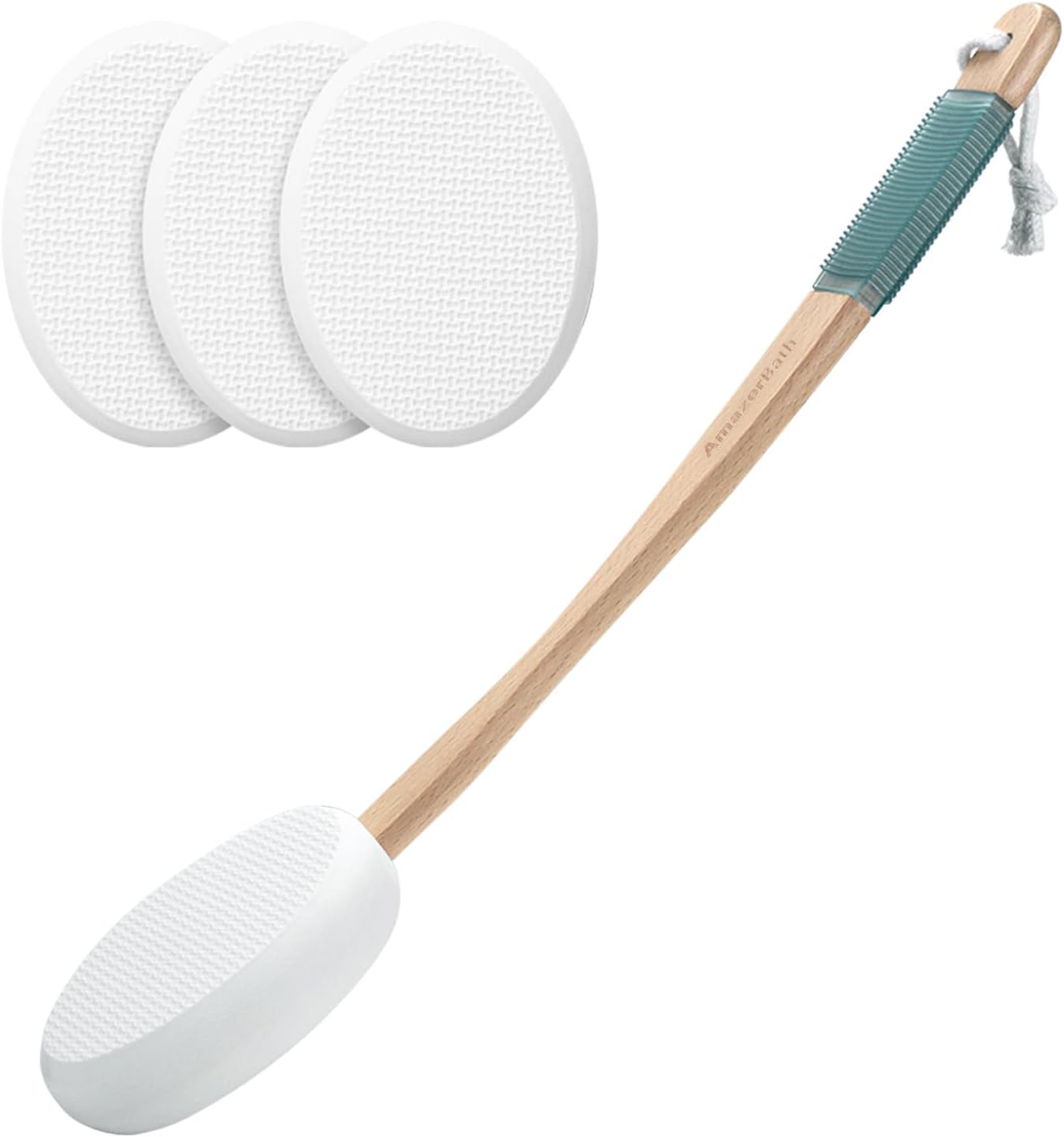 AmazerBath Lotion Applicator for Back, Feet, 4 Replacement Pads with 17" Curved Handle, Back Sunscreen Applicator for Kids, Elderly, Women, Apply Skin Cream Medicine Moisturizer Tanner, White