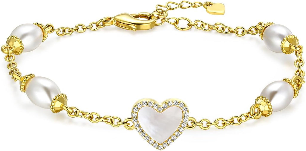 Gold Pearl Bracelet for Women, REAL 14K Gold Plated Double Layered Dainty Pearls Bracelet, Elegant Stackable Flower Jewelry Gift for Her with OT Clasp