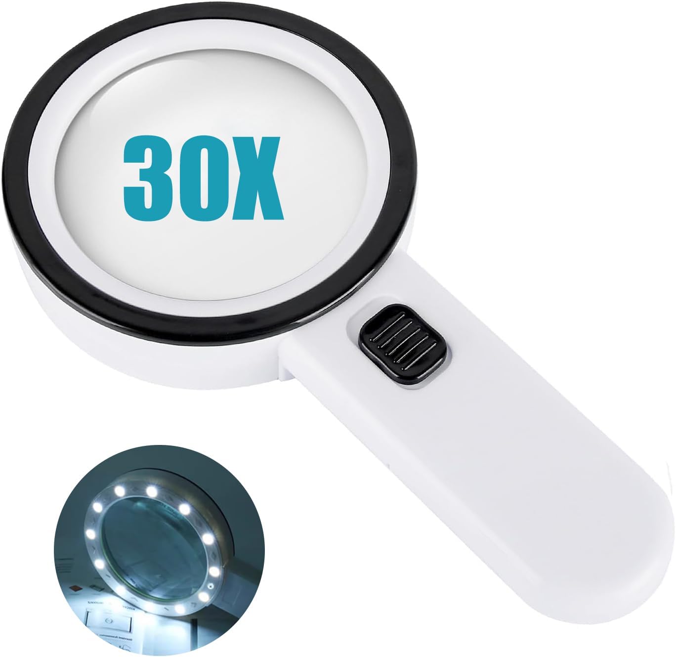 Magnifying Glass with Light - 30X Handheld Magnifying Glasses, 13LED Light, Illuminated Reading Magnifier for Seniors, Lighted Magnifier with UV Inspection