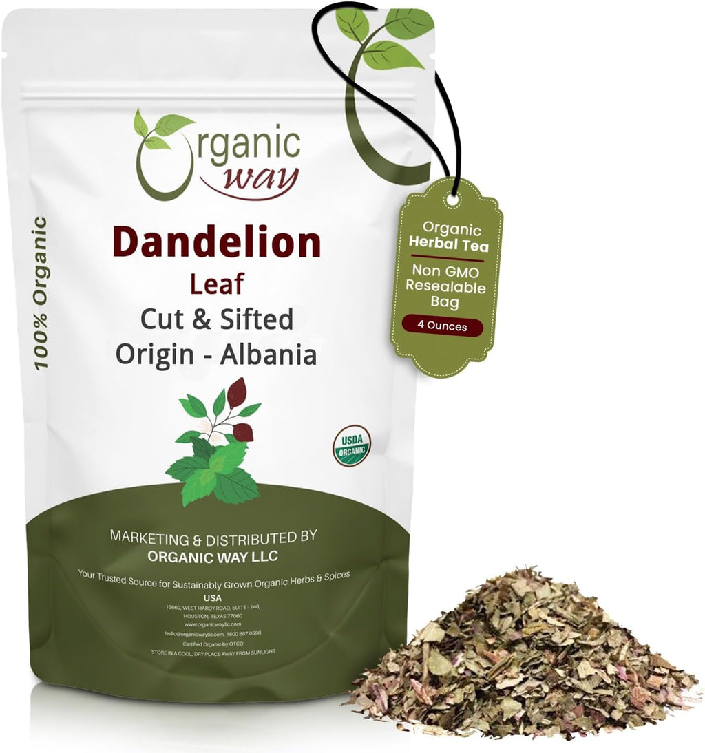 Organic Way Dandelion Leaf (Taraxacum Officinale) Cut & Sifted - Herbal Tea | European Wild-Harvest | Kosher & USDA Certified | Vegan, Non-GMO & Gluten Free | 100% Raw from Albania (1/4LBS / 4Oz.)