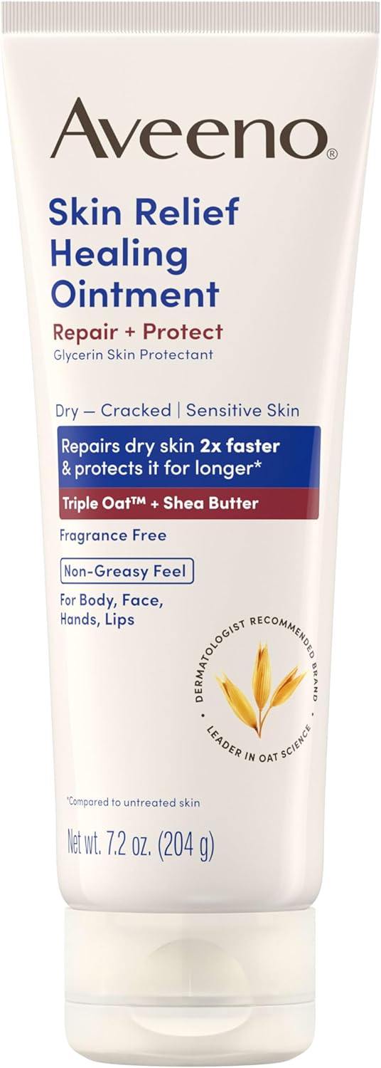 Aveeno Skin Relief Healing Ointment, 72-Hour Skin Protectant with Triple Oat & Shea Butter for Extra Dry, Cracked & Sensitive Skin, Fragrance-Free & Multi-Use for Lips, 7.2 oz
