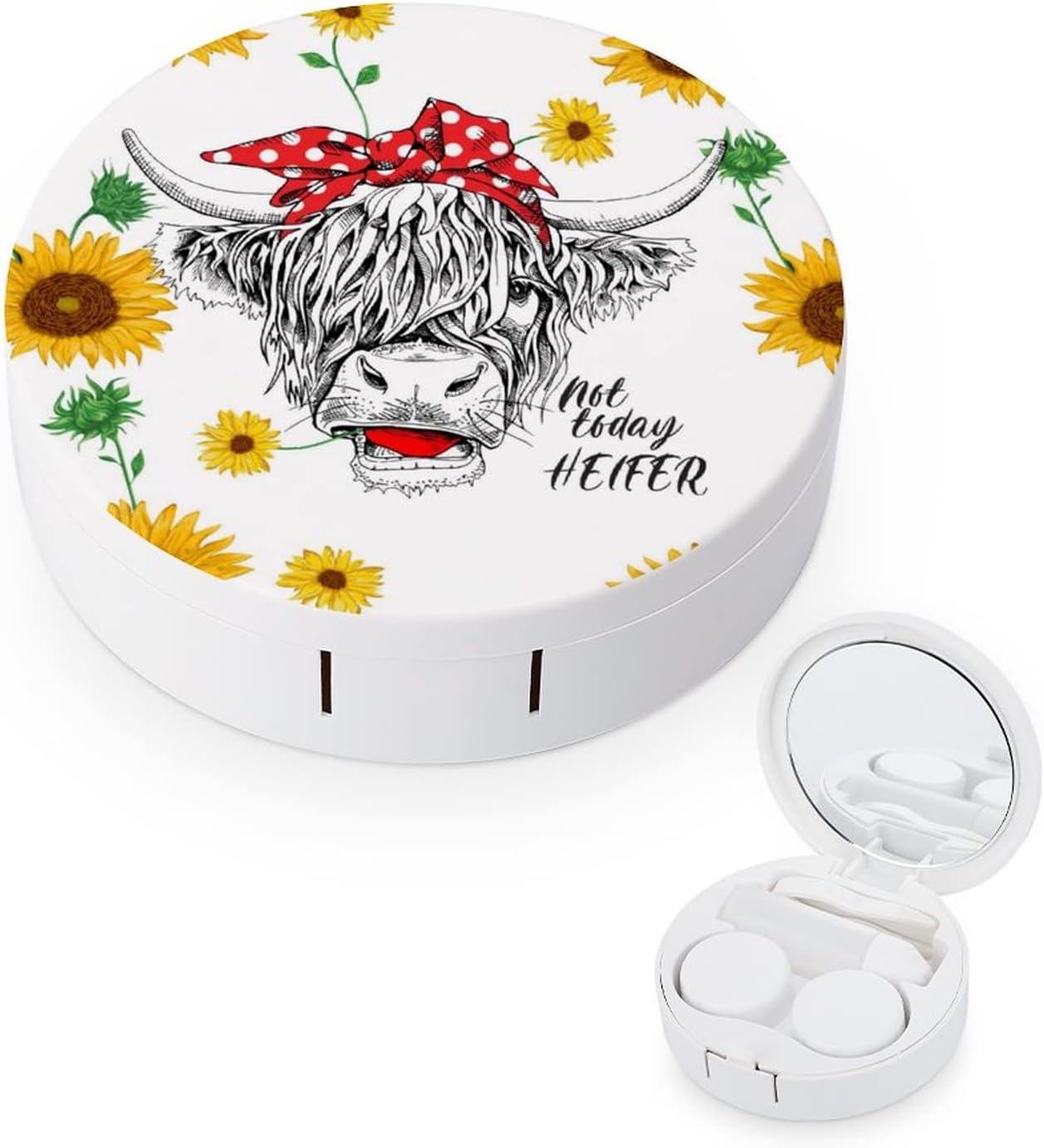 Cow Sunflower Heifer Contact Lens Case Holder with Mirror, Tweezers, Lens Cleaner Solution Bottle, Portable Travel Kit