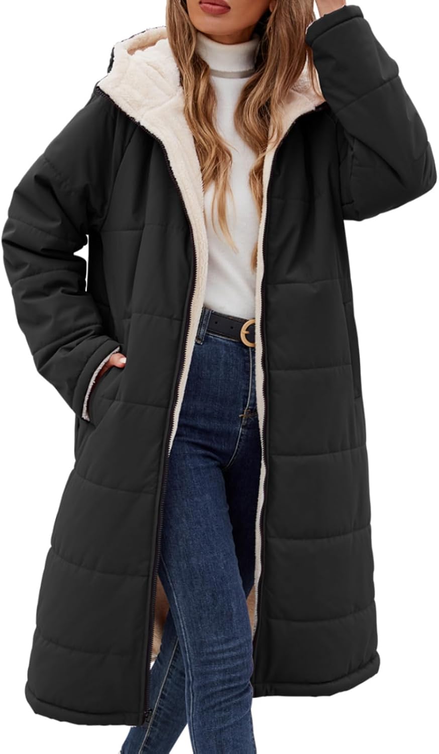 Yusongirl Womens Winter Long Coats Trendy Puffer Jacket Sherpa Fleece Lined Down Coat Long Sleeve Parka Oversized with Hood
