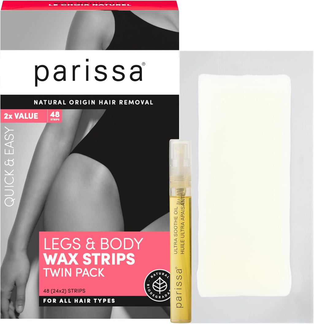 Parissa Natural Legs & Body Wax Strips | Large Ready-to-Use Strips, Beginner-Friendly & Gentle on Sensitive Skin | Includes Post-Wax Ultra Soothe Oil | 48 Strips (24 x 2)