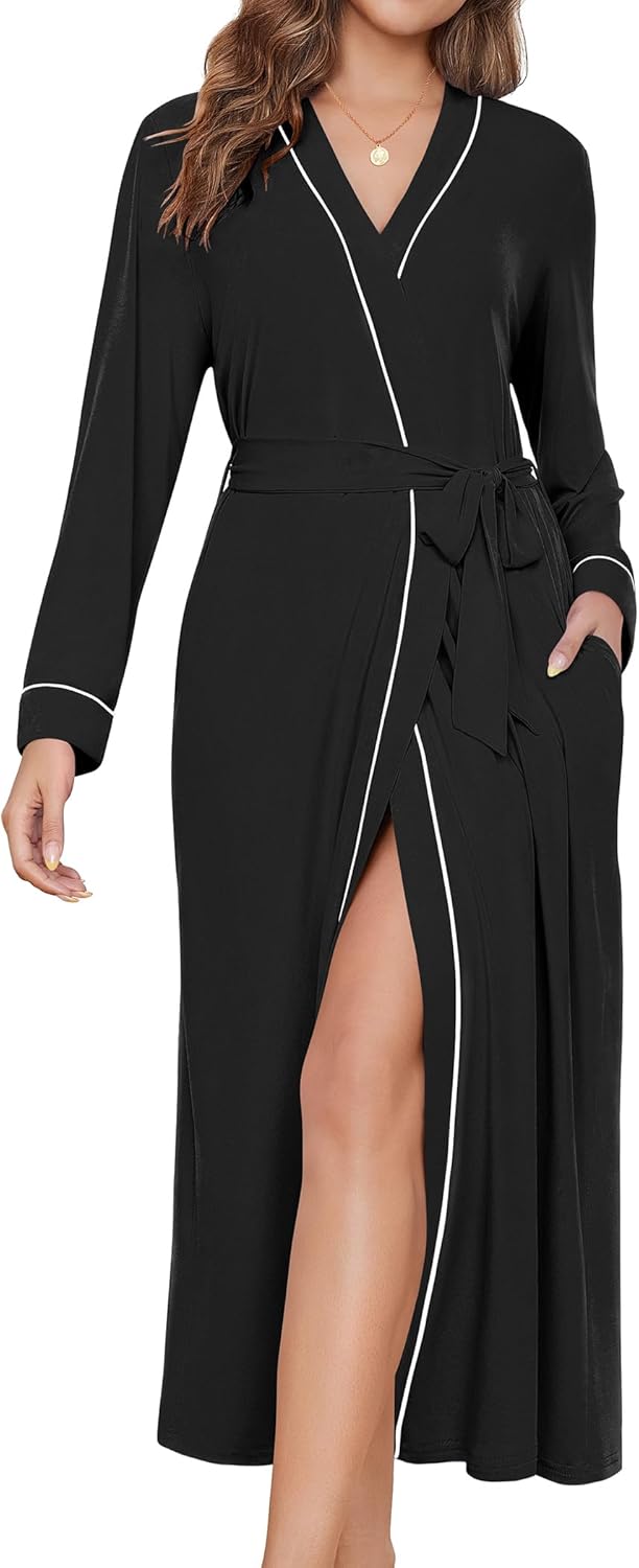Ekouaer Womens Robes Lightweight Soft Knit Bathrobe Full Length Sleepwear with Pockets Ladies Loungewear S-3XL