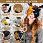 OPPKIE Cat Fox Therian Masks 42PCS with Felt Furs Eye Meshes and Stars, Costume Furry Masks to Paint, Animal Mask Arts Crafts Kit, Dress Up DIY for Halloween Christmas Cosplay Party Interaction