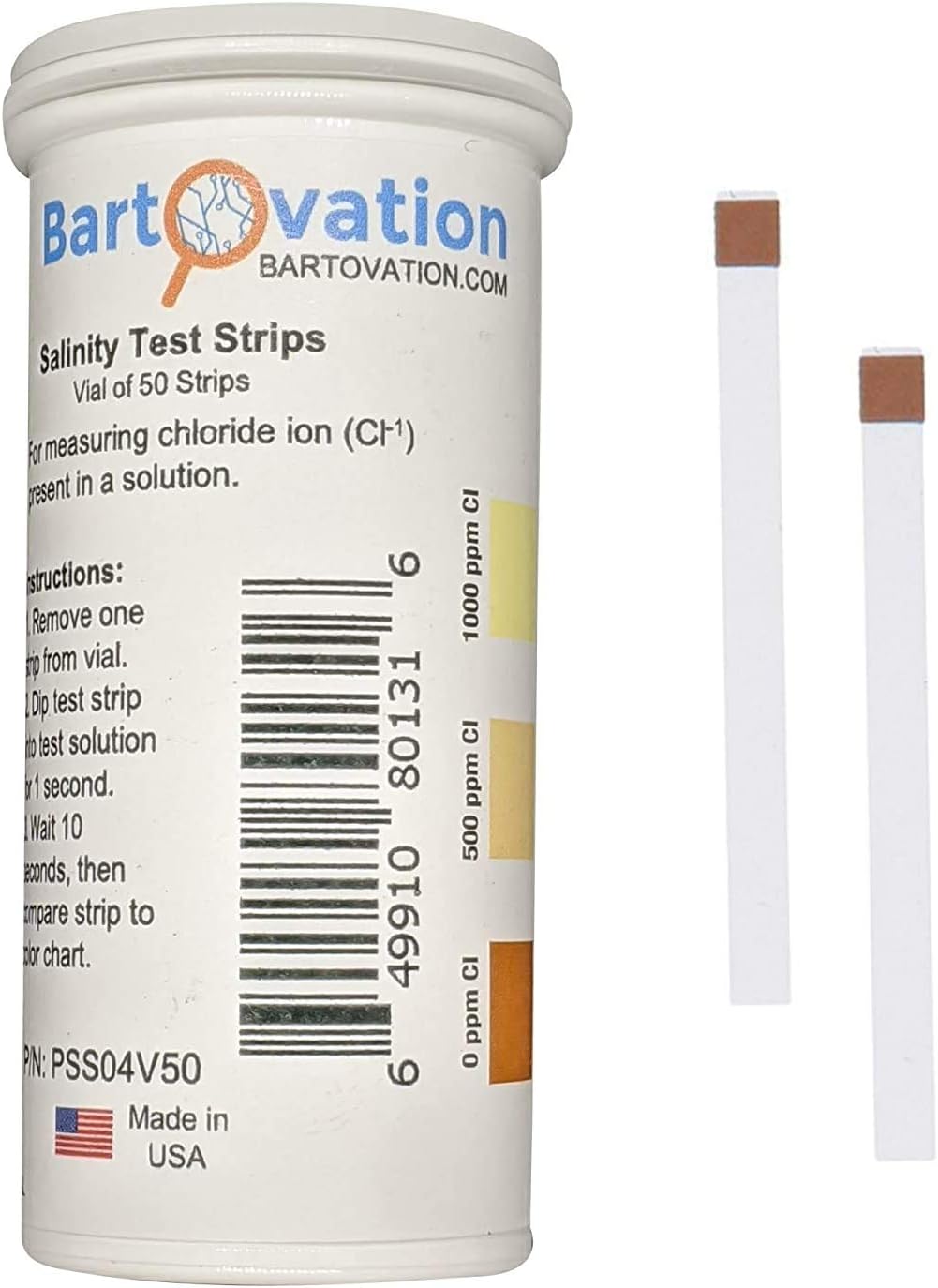 Salinity Test Strips, 0-1000 ppm [Vial of 50 Strips] for Chloride Based Salt Solutions for Science Education
