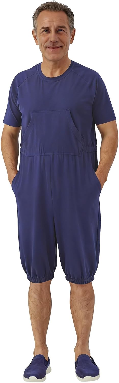Adaptive Clothing for Men, Anti-Strip Back-Zip Jumpsuit Cotton Romper- Elderly Easy Care Onesie for Special Needs