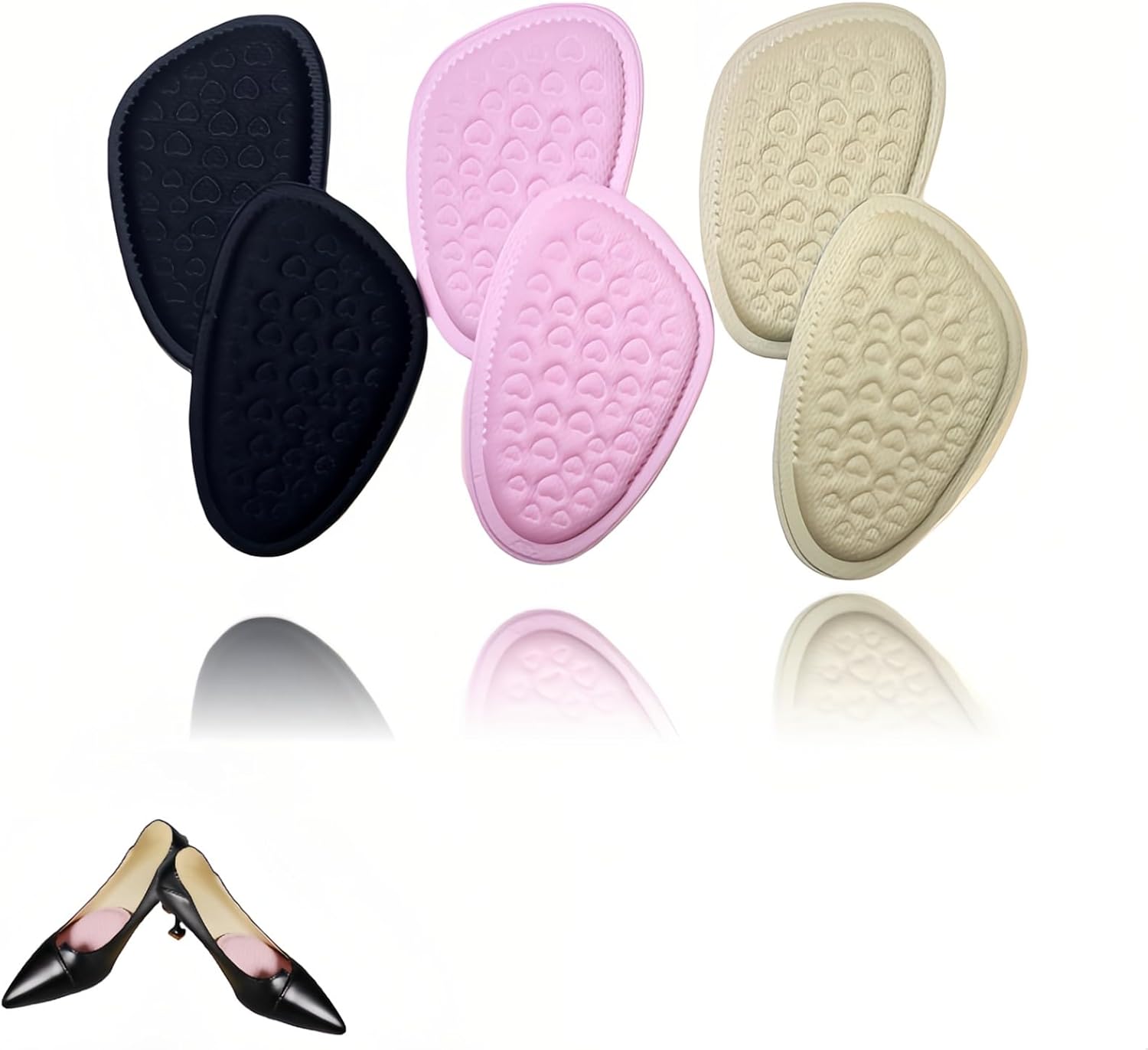 Breathable Forefoot Cushion Pads for High Heels, Sweat Absorbing Massage Insoles with Anti-Slip Design, 3 Pairs (Black, Beige, Pink), 7.5 x 12.5 cm, Washable and Reusable