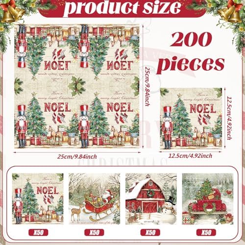 Janlaugh 200 Pcs Christmas Cocktail Napkins Disposable Nutcracker Paper Napkins Decoupage 2 Ply Vintage Santa Beverage Dinner Towels for Xmas Party Favor Supplies