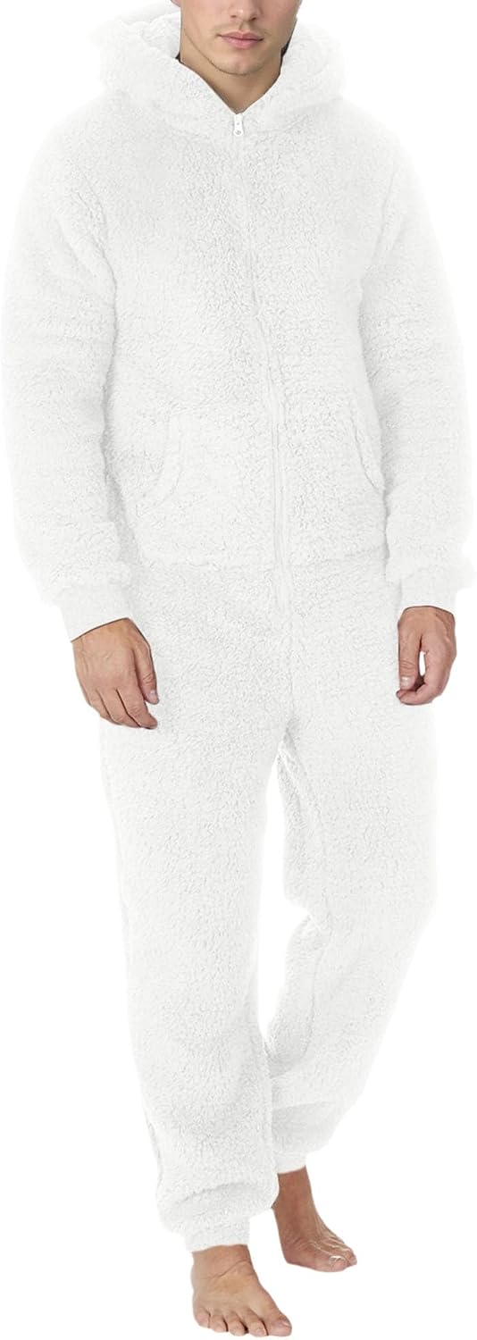 Adult Onesies Pajamas Winter Sherpa Fuzzy Fleece Pajamas Hooded One Piece Warm Sleepwear Lounge Wear