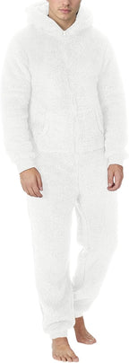 Adult Onesies Pajamas Winter Sherpa Fuzzy Fleece Pajamas Hooded One Piece Warm Sleepwear Lounge Wear