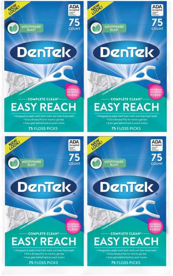 DenTek Complete Clean Easy Reach Floss Picks, Advanced Fluoride Coating, Mouthwash Blast Flavor, 75 ct. (Pack of 4)