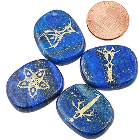 mookaitedecor 4 Piece Lapis Lazuli Stones Engraved Tarot Symbols Polished Palm Stones for Reiki Crystal Healing