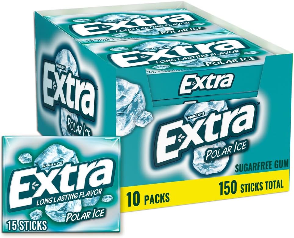 EXTRA Polar Ice Chewing Gum Packs, Sugar Free Gum in Bulk with Strong Mint Flavor for Freshening Breath, 15 Sticks (10 Pack) for Long Lasting Freshness